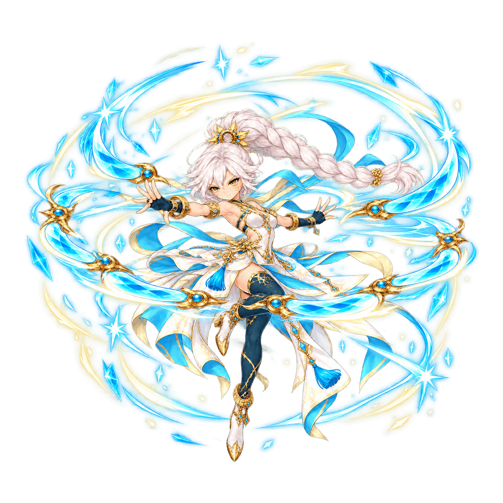 Aurelle, the Haloblade, spinning on one boot inside a whirling ring of glowing cyan crystal blades