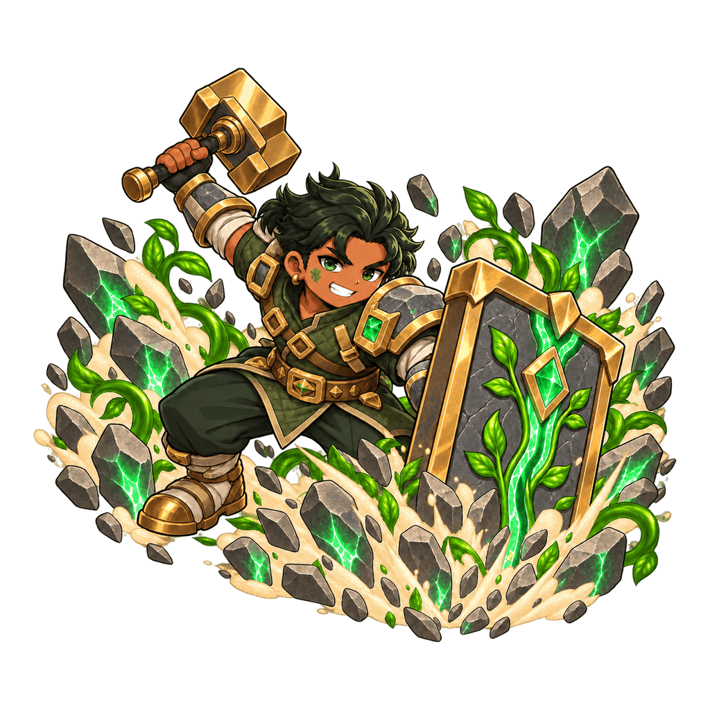Garrick, the Stonewall, slamming a granite tower shield into the ground with his mallet raised