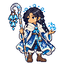 Pixel-art battle sprite of Maren holding a crook hung with ice bells