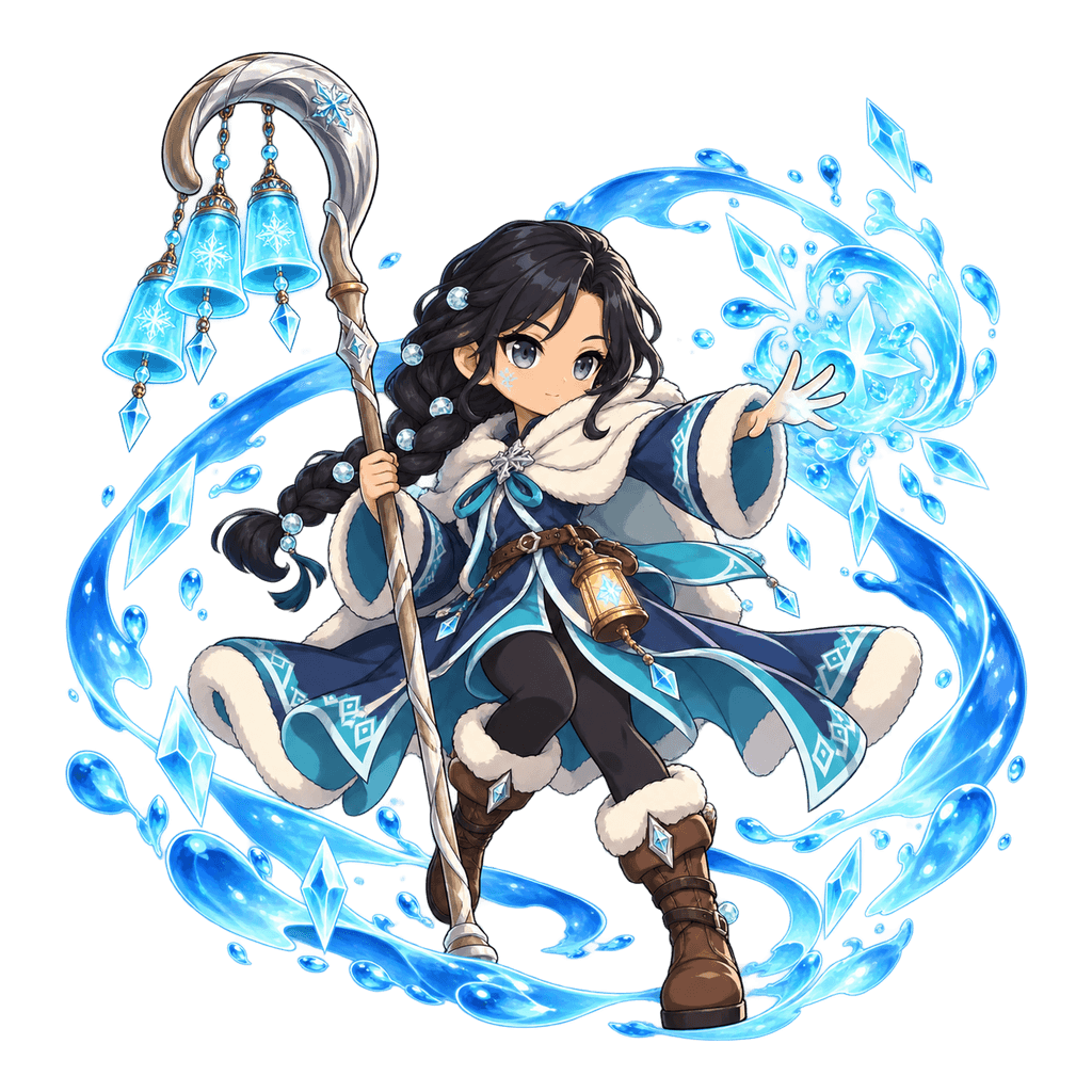 Maren, the Frost Warden, raising a ring of healing water beside her chime-bell crook
