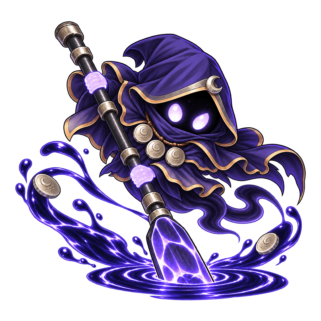 Morrick, the Dusk Ferryman, a hooded shade spirit driving a glowing violet-glass oar into dark water
