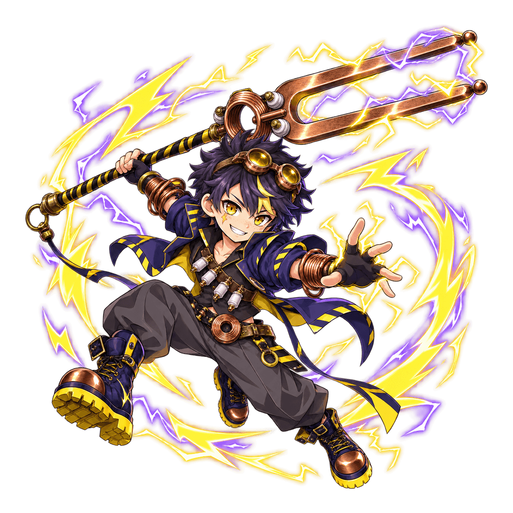 Rook, the Stormcaller, leaping with a lightning-charged copper tuning-fork polearm