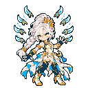 Pixel-art battle sprite of Aurelle with a dagger drawn and an arc of crystal blades behind her