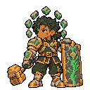Pixel-art battle sprite of Garrick resting a hand on a granite tower shield
