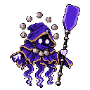Pixel-art battle sprite of Morrick, a hooded shade spirit holding a tall ferry oar