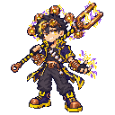 Pixel-art battle sprite of Rook shouldering a crackling copper tuning fork