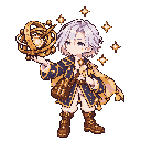 Pixel-art battle sprite of Solen with a brass armillary sundial floating above his palm