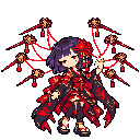 Pixel-art battle sprite of Vespera holding a hairpin, with an arc of crimson pins behind her
